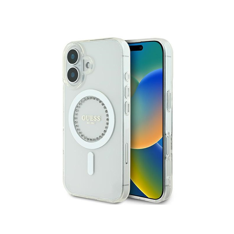 Kryt Guess IML Rhinestones MagSafe pro iPhone 16 Plus - white