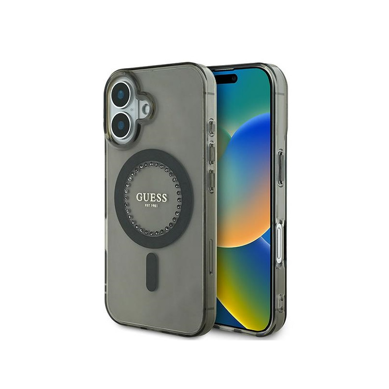 Kryt Guess IML Rhinestones MagSafe pro iPhone 16 Plus - černý