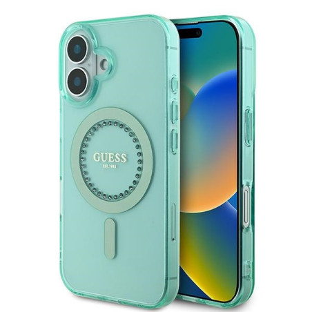 Kryt Guess IML Rhinestones MagSafe iPhone 16 Plus – zelená