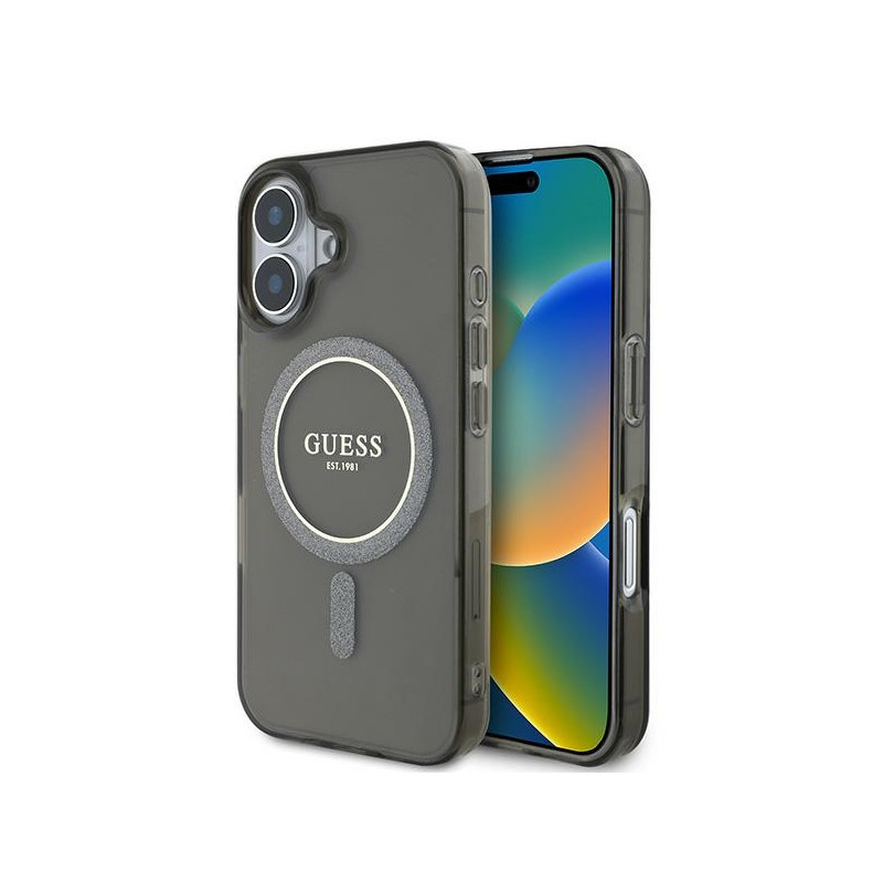 Kryt Guess IML Glitter Circle MagSafe pro iPhone 16 - černý