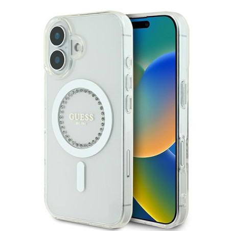 Kryt Guess IML Rhinestones MagSafe pro iPhone 16 - bílý