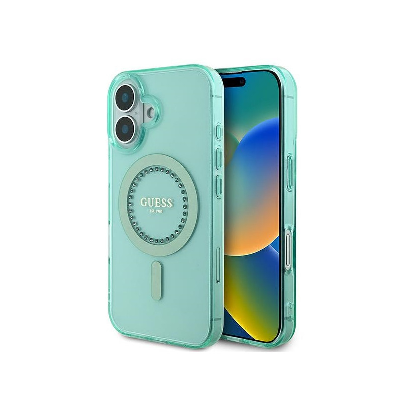 Kryt Guess IML Rhinestones MagSafe pro iPhone 16 - zelený