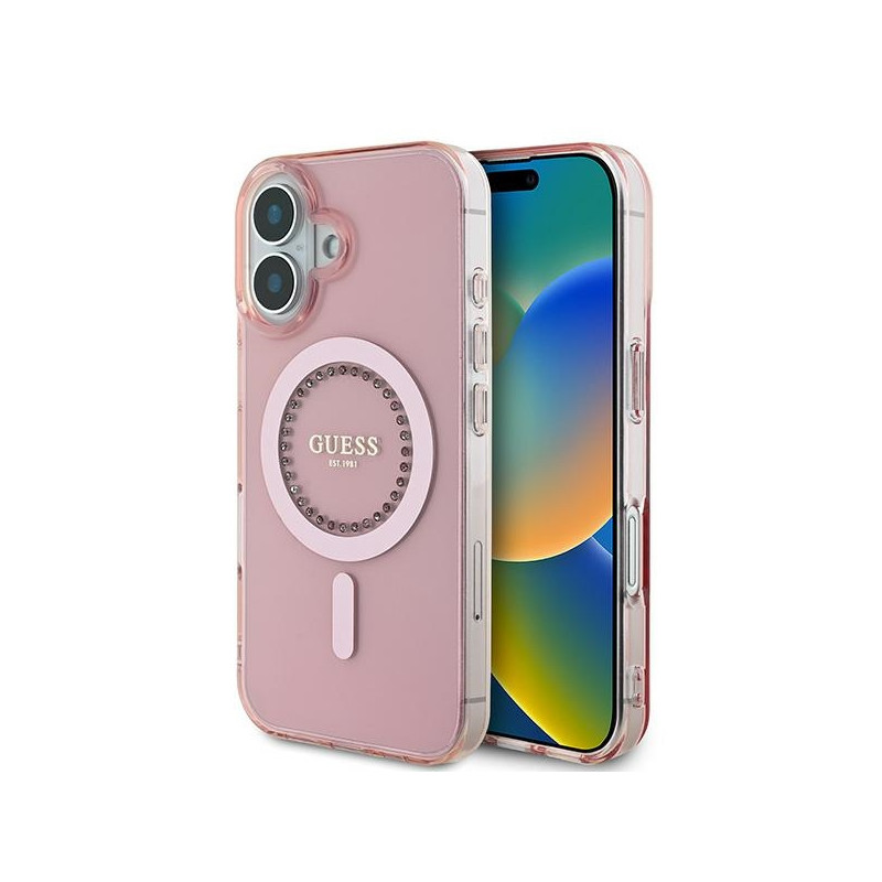 Kryt Guess IML Rhinestones MagSafe pro iPhone 16 - růžový