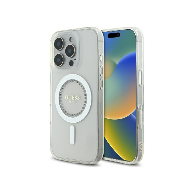 Kryt Guess IML Rhinestones MagSafe pro iPhone 16 Pro Max - bílá