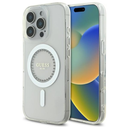 Kryt Guess IML Rhinestones MagSafe pro iPhone 16 Pro Max – bílá