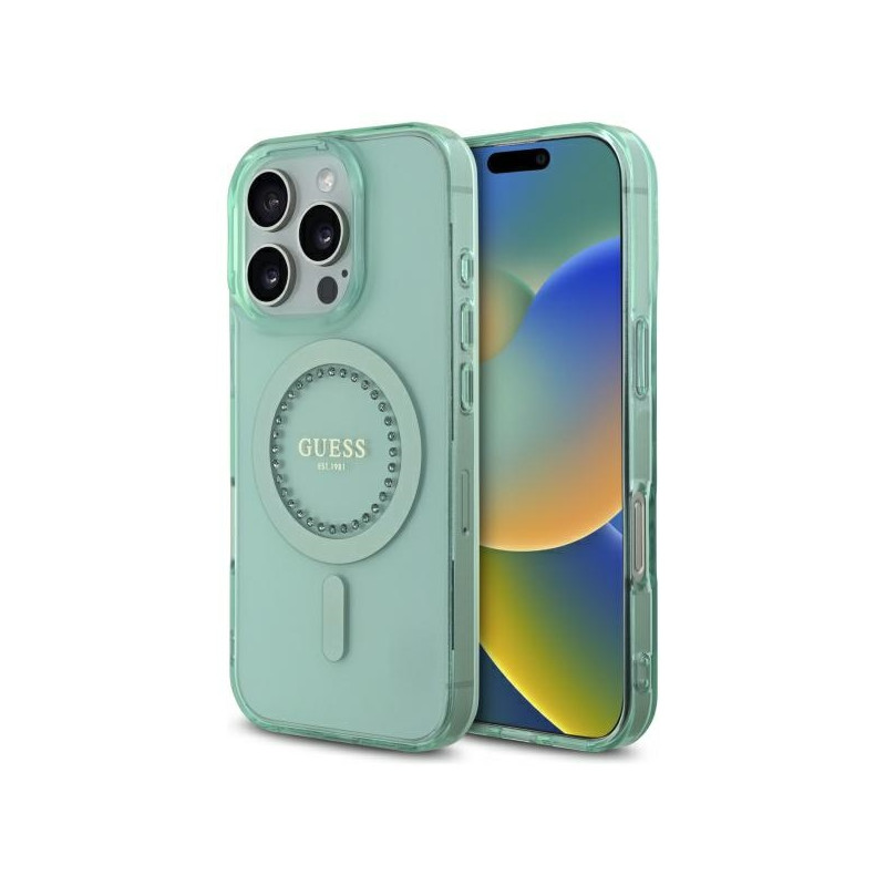 Kryt Guess IML Rhinestones MagSafe pro iPhone 16 Pro Max - zelený