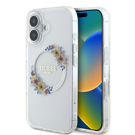 Kryt Guess IML Flowers MagSafe pro iPhone 16 Plus - clear