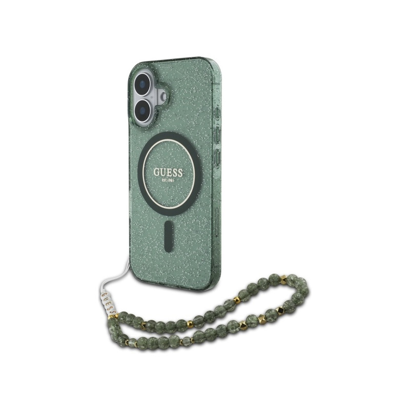 Kryt Guess IML Glitter With Pearl Strap MagSafe pro iPhone 16 Plus - zelená