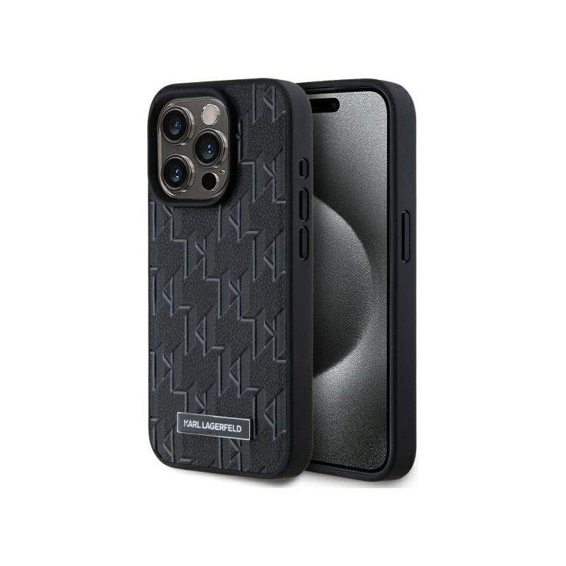 Kryt Karl Lagerfeld LEATHER MONOGRAM METAL LOGO pro iPhone 15 Pro - černý