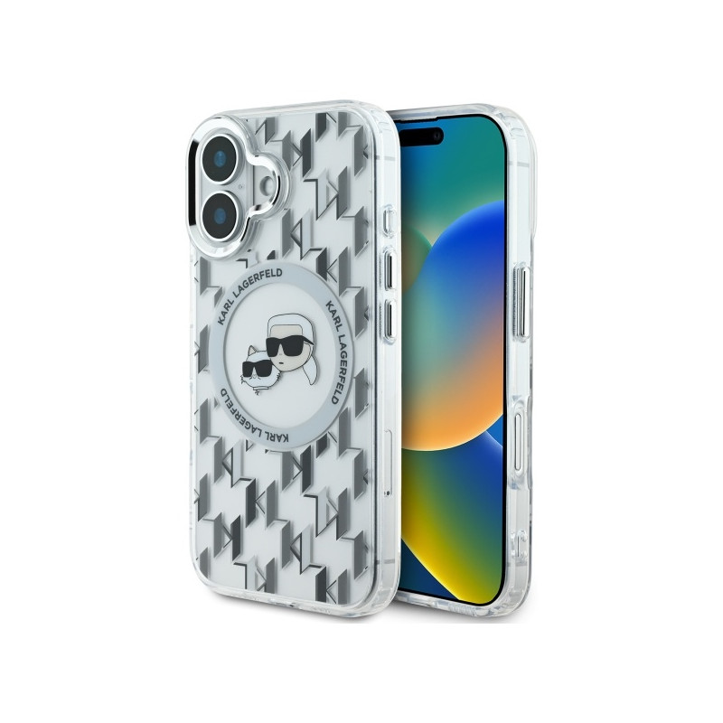 Kryt Karl Lagerfeld IML Monogram Karl & Choupette Head pro iPhone 16 - čirá