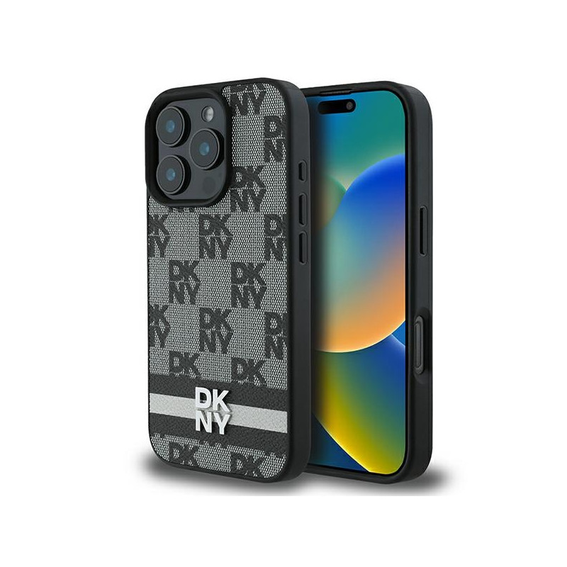 Kryt DKNY CHECKERED PATTERN & PRINTED STRIPES pro iPhone 16 Pro - černý