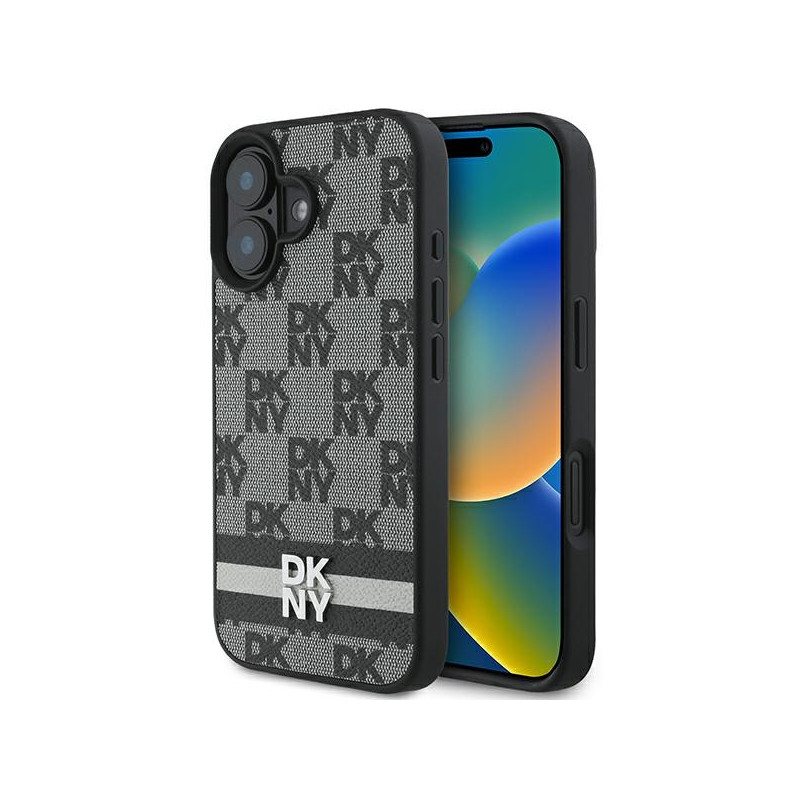 Kryt DKNY CHECKERED PATTERN & PRINTED STRIPES pro iPhone 16 - černý