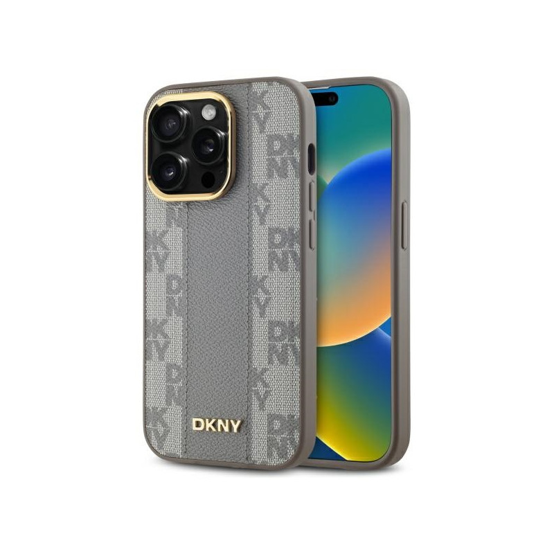 Kryt DKNY Leather Checkered Mono Pattern pro iPhone 14 Pro - beige