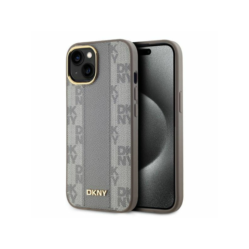 Kryt DKNY LEATHER CHECKERED MONO pro iPhone 14 - béžová