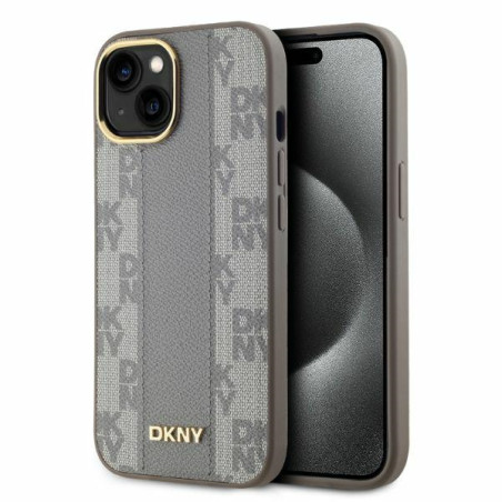 Kryt DKNY LEATHER CHECKERED MONO pro iPhone 14 - béžová