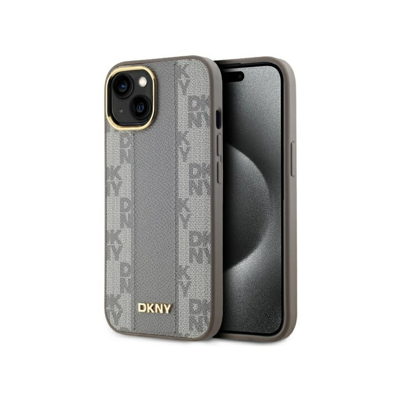 Kryt DKNY Leather CHECKERED MONO Pattern pro iPhone 15 Plus - beige