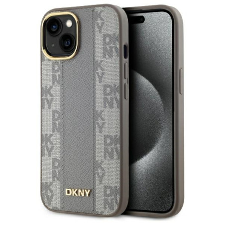 Kryt DKNY Leather Checkered pro iPhone 15 Plus - béžový