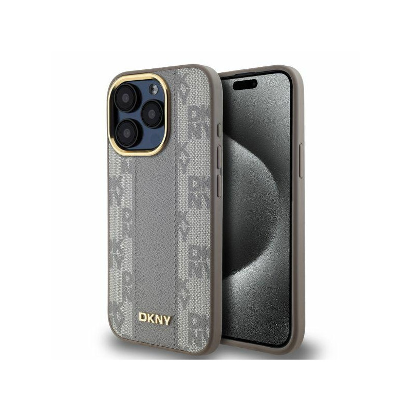 Kryt DKNY Leather CHECKERED MONO Pattern pro iPhone 15 Pro Max - béžový