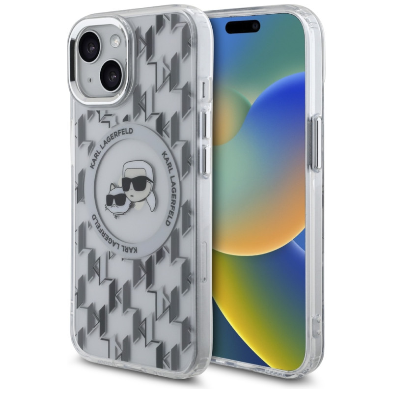 Kryt Karl Lagerfeld IML Monogram Karl & Choupette Head pro iPhone 15 - clear