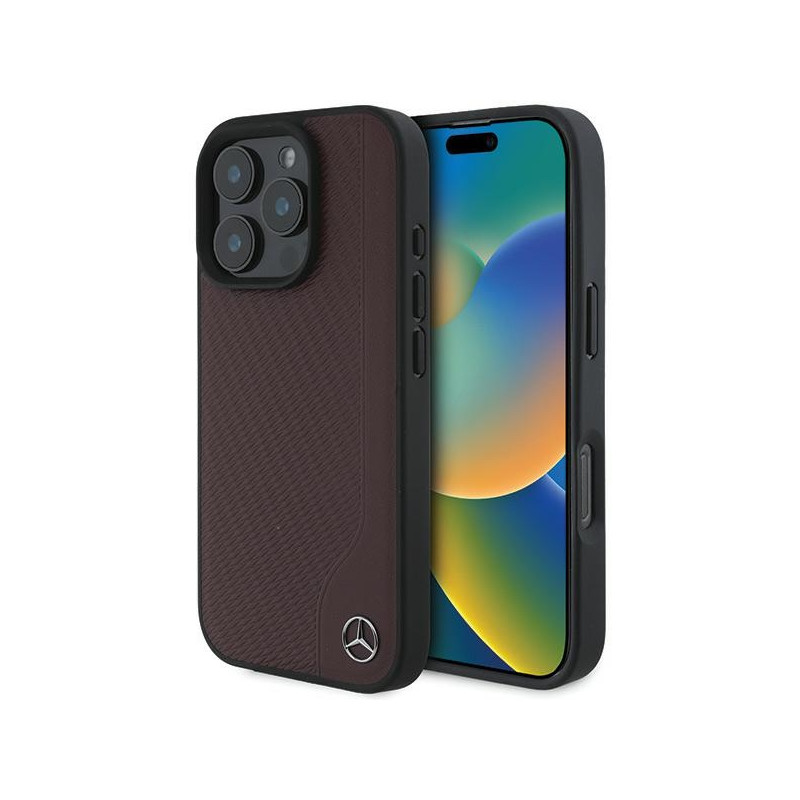 Kryt Mercedes MB WOOD Imitation Leather MagSafe pro iPhone 16 Pro - červený