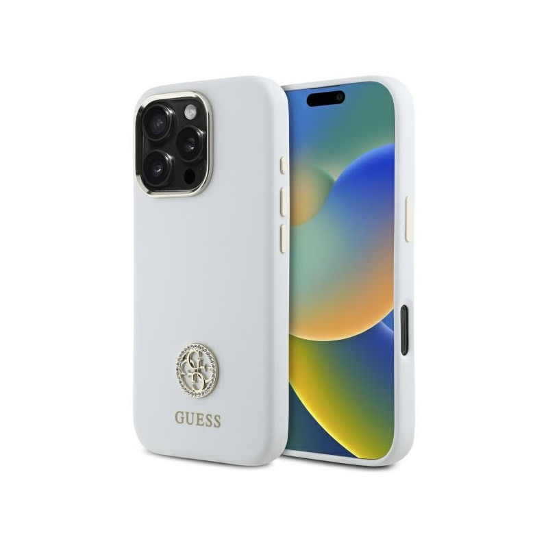 Kryt Guess SILICONE LOGO STRASS 4G pro iPhone 16 Pro - bílá