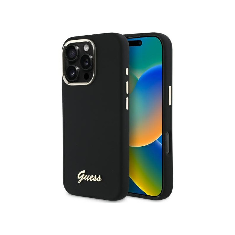 Kryt Guess Silicone Script Metal Logo & Frame pro iPhone 16 Pro - černý