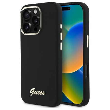 Kryt Guess Silicone Script Metal Logo pro iPhone 16 Pro - černý
