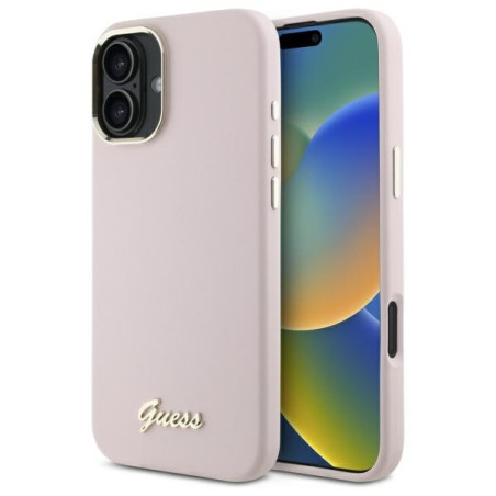 Kryt Guess Silicone Script Metal Logo pro iPhone 16 Plus pink