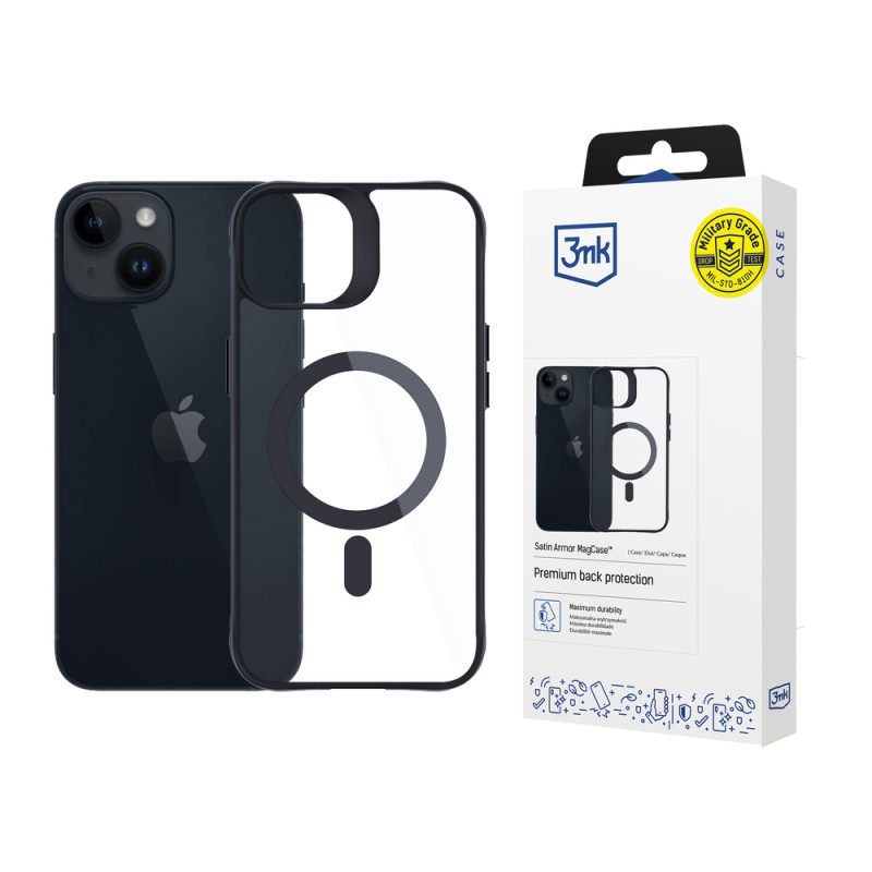 Kryt 3mk SATIN ARMOR MAGCASE pro iPhone 13 / 14 - transparentní s černým rámem