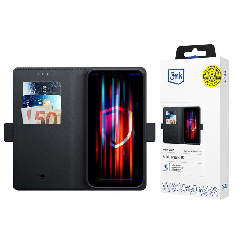 Kryt 3mk Protection 3mk Wallet Case pro iPhone 15 - černý