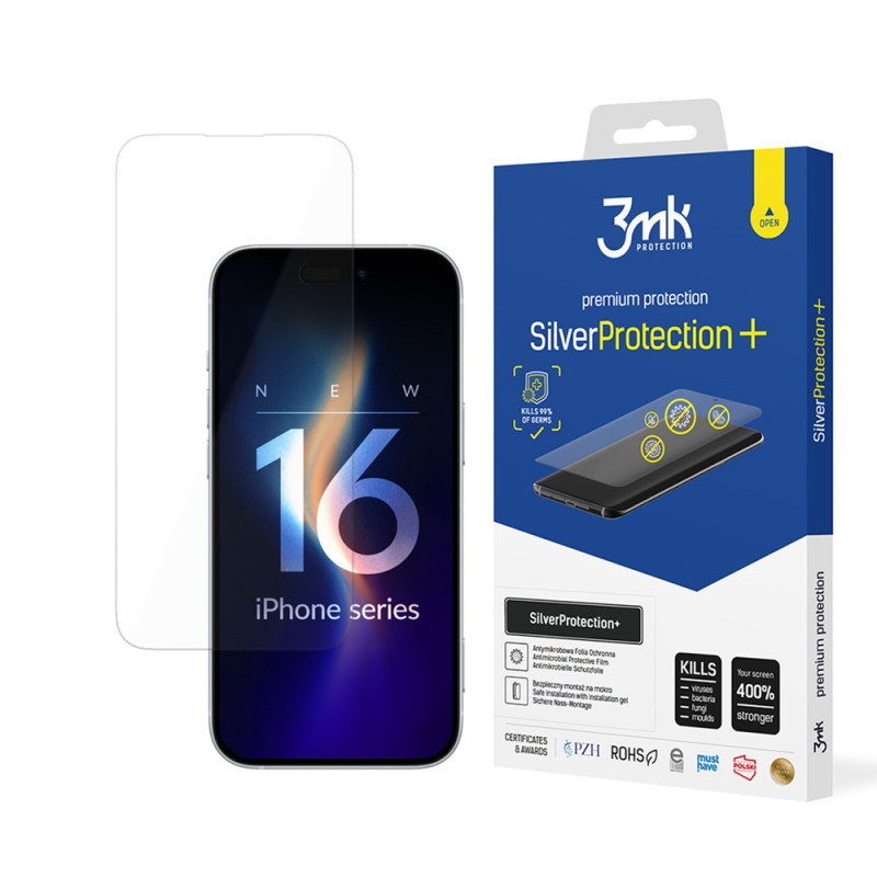 Ochranné sklo 3mk PROTECTION SilverProtection+ pro iPhone 16 - antibakteriální (stříbrná)