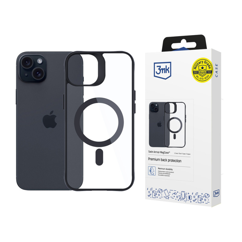 Kryt 3mk SATIN ARMOR MagCase pro iPhone 15 - clear s černým rámečkem