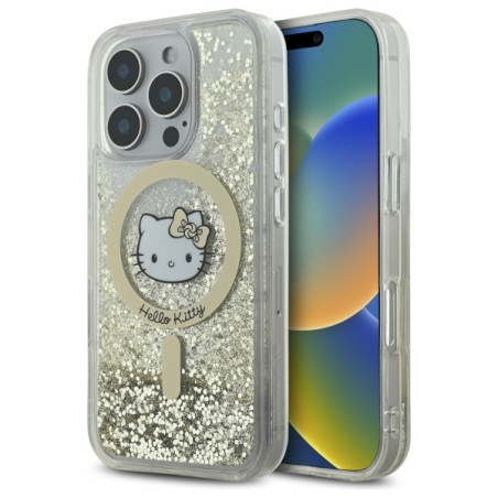 Kryt Hello Kitty LIQUID GLITTER FEVER pro iPhone 16 Pro – zlatý