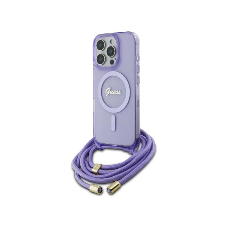 Kryt Guess Crossbody Cord Script MagSafe pro iPhone 16 Pro - purple