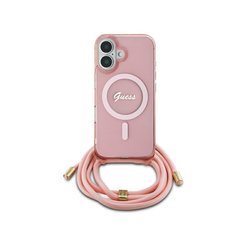 Kryt Guess CROSSBODY CORD SCRIPT pro iPhone 16 - růžová