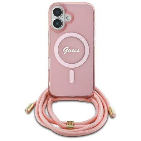 Kryt Guess CROSSBODY CORD SCRIPT pro iPhone 16 - růžová