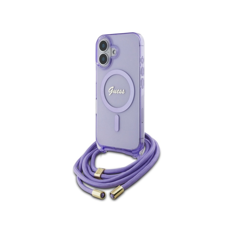 Kryt Guess Crossbody Cord Script MagSafe pro iPhone 16 - fialová