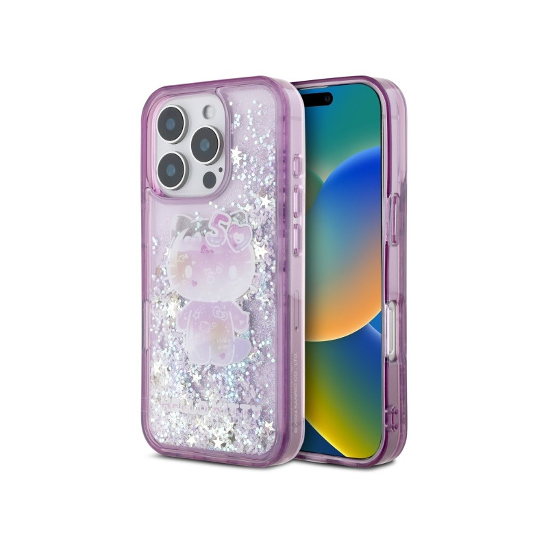 Kryt Hello Kitty LIQUID GLITTER 50TH ANNIVERSARY PARTY pro iPhone 16 Pro Max - fialová