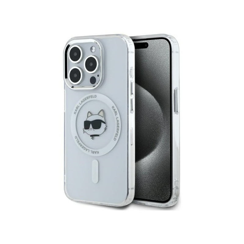 Kryt Karl Lagerfeld IML Metal Choupette pro iPhone 15 Pro Max - bílá