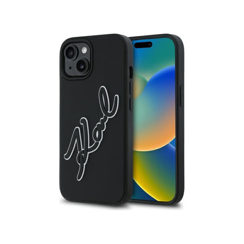 Kryt Karl Lagerfeld 3D Rubber Signature pro iPhone 15 - černý