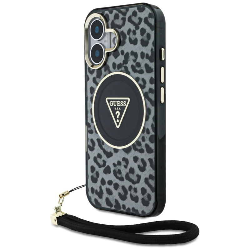 Kryt Guess HC IML Leopard Triangle Cord Strap pro iPhone 16 - black