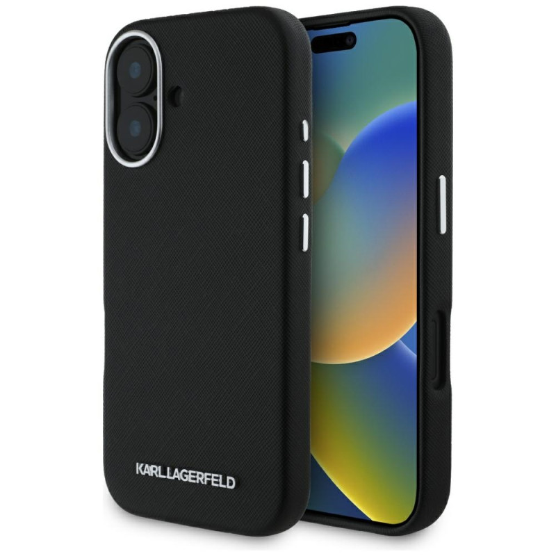 Kryt Karl Lagerfeld Saffiano Full Wrapped Elongated Metal Logo pro iPhone 16 - černý