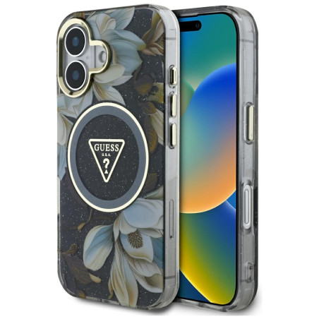 Kryt Guess Glitter Flowers pro iPhone 16 - black