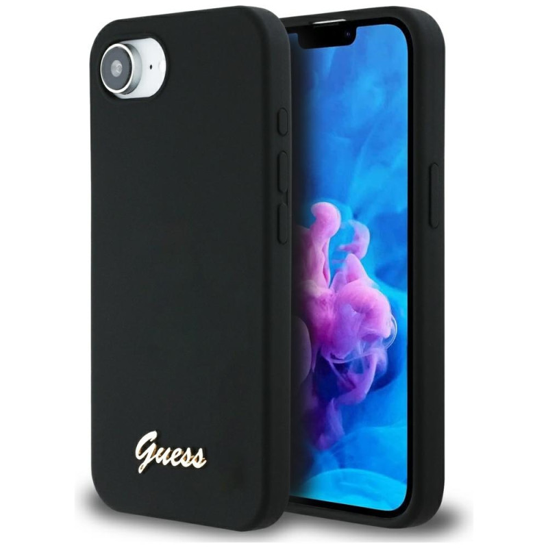 Kryt Guess Silicone Script Metal Logo MagSafe pro iPhone 16e - černý