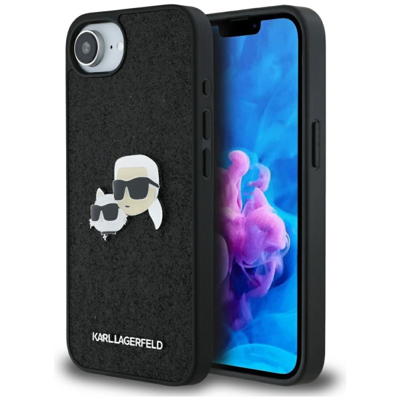 Kryt Karl Lagerfeld FIXED GLITTER Karl&Choupette Heads pro iPhone 16e - černý