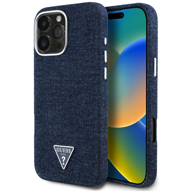 Kryt Guess DENIM TRIANGLE pro iPhone 16 Pro - modrý