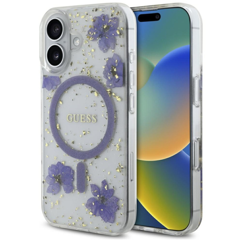 Kryt Guess Resin Flowers Glitter pro iPhone 16 - fialová