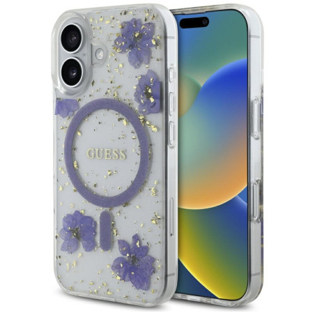 Kryt Guess Resin Flowers Glitter iPhone 16 - fialová