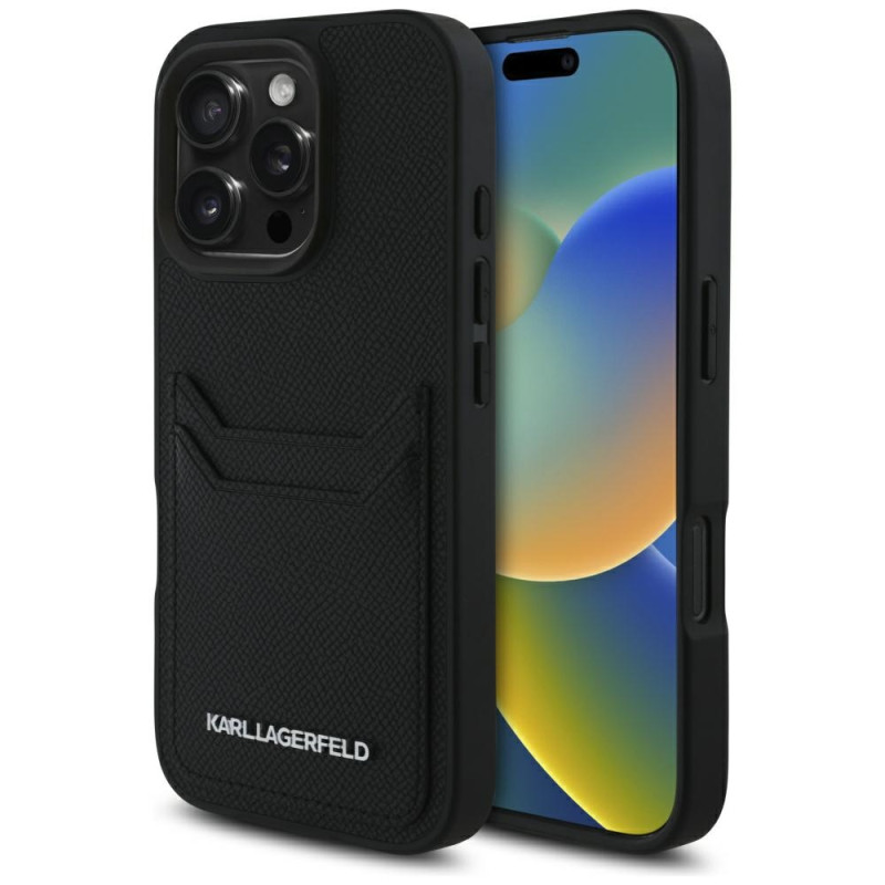 Kryt Karl Lagerfeld HC Grained PU Cardslot Metal Elong Case pro iPhone 16 Pro Max - černý