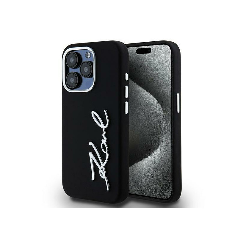 Kryt Karl Lagerfeld SILICONE METAL SCRIPT pro iPhone 15 Pro Max - černý